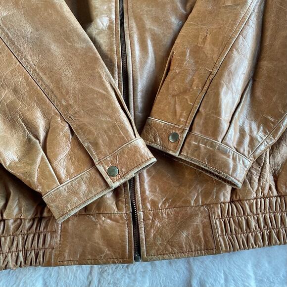 🔥Vintage Y2K Leather 2000 Brown Bomber Jacket Faux Fur Lined Grunge Biker Patina - Picture 10 of 16